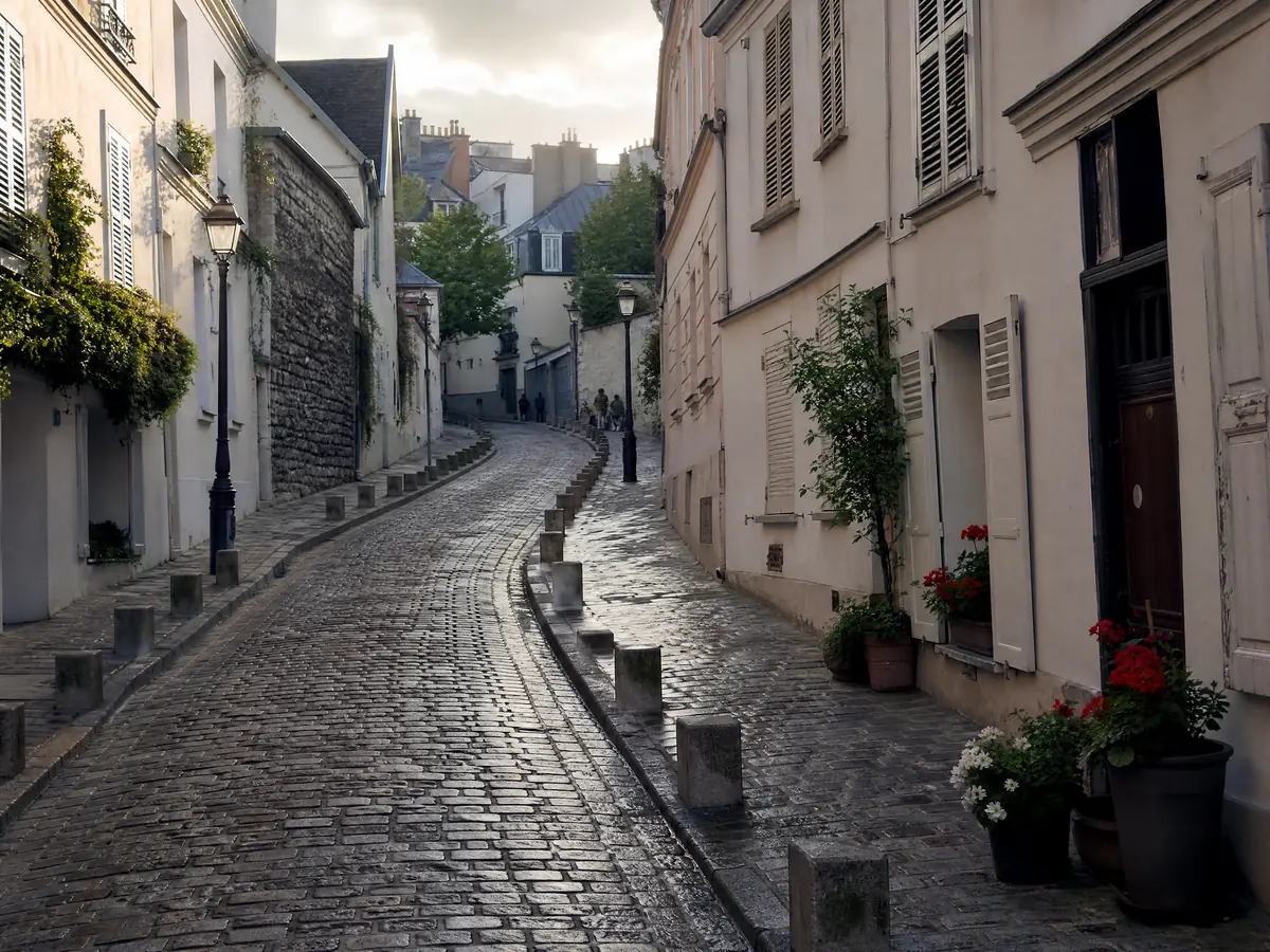 Eine leere, gepflasterte Montmartre-Gasse mit verschlossenen Häusern im sanften Morgenlicht